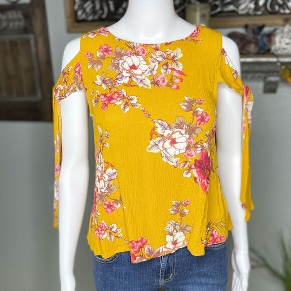 Bebop Yellow Cold Shoulder Blouse Top - Picture 12 of 12